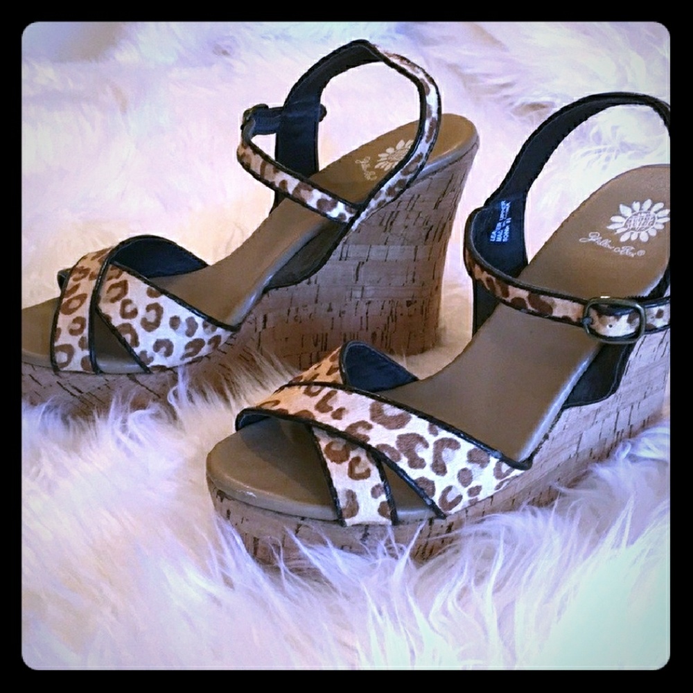 EUC Yellow Box leopard wedges